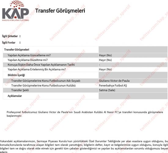 Fenerbahçe'den KAP'a - TRT Spor - Türkiye`nin güncel spor haber kaynağı